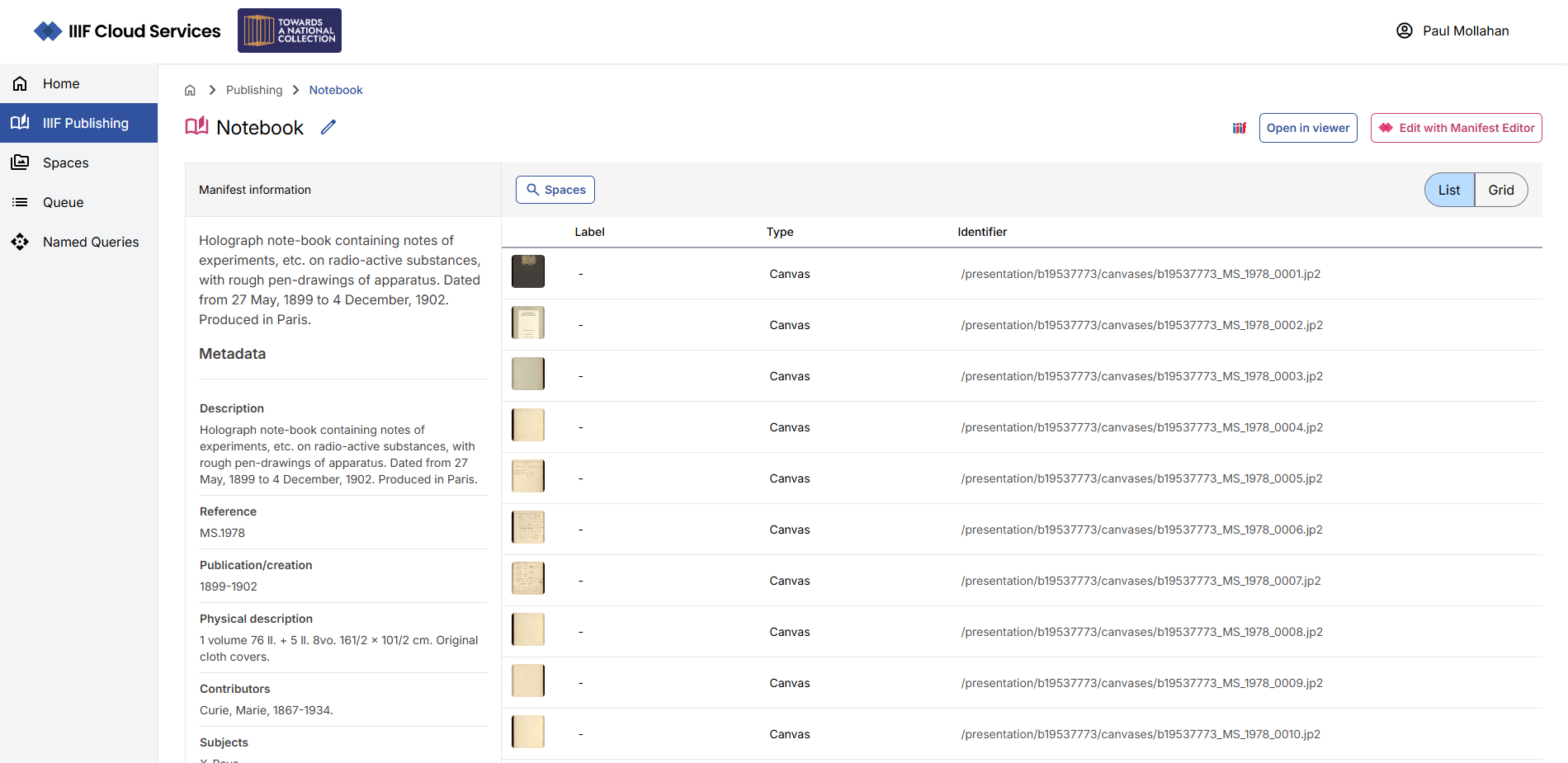 View existing Manifest in Portal view